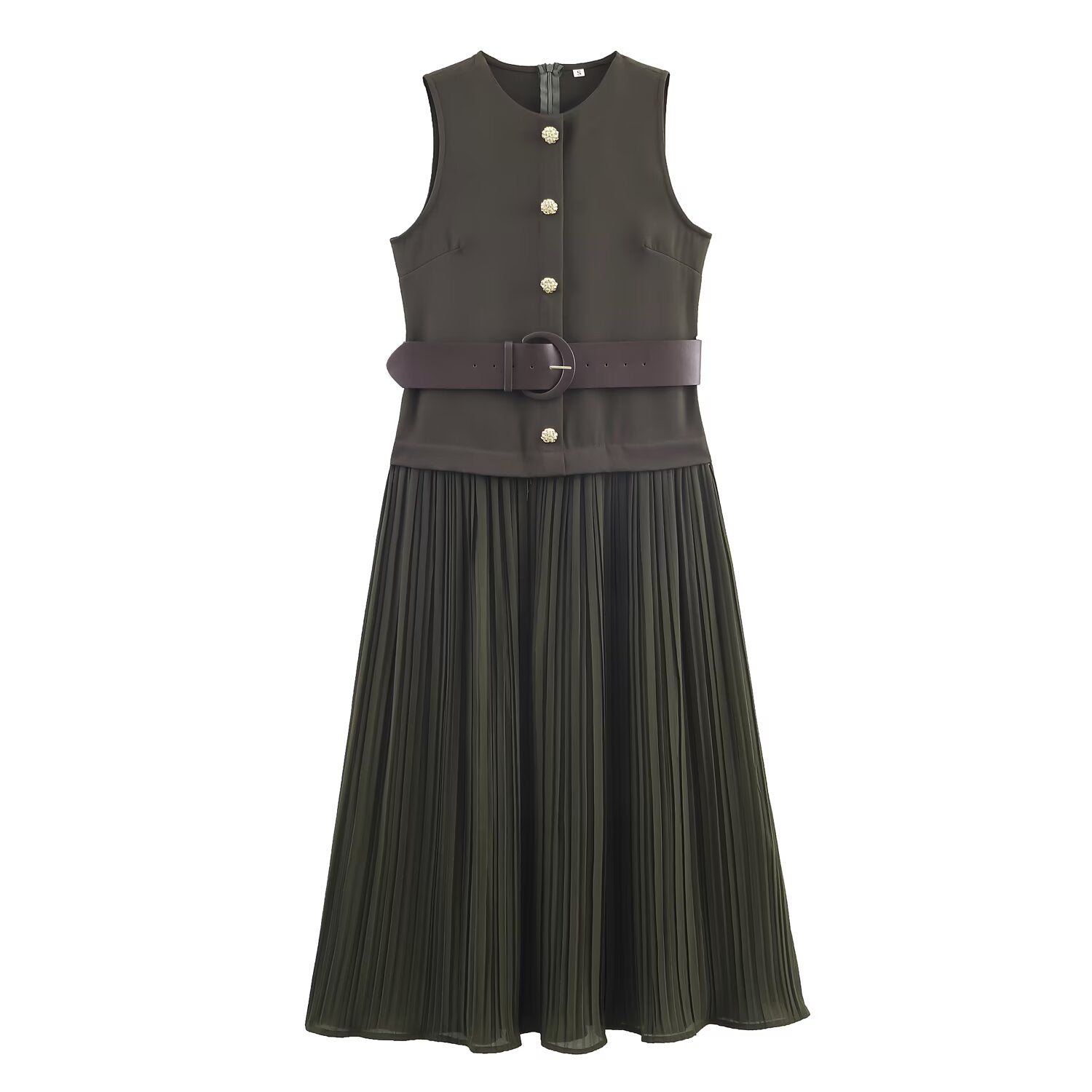 Women Clothing with Belt Stitching Midi Dress