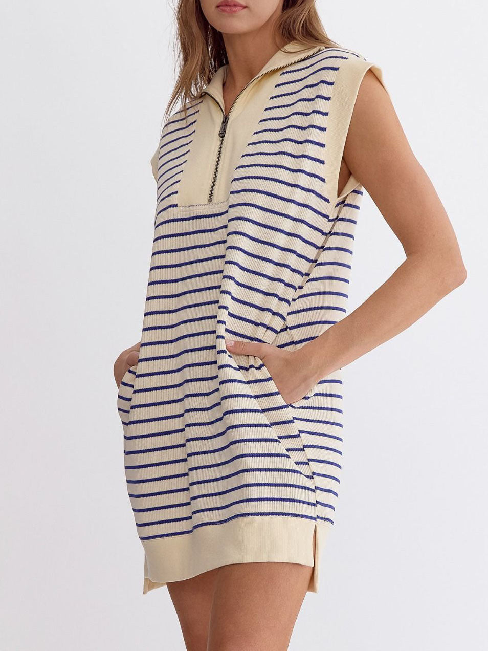 Ladies Summer Sleeveless Cotton Knitted Striped Color Matching Zipper Pocket Dress