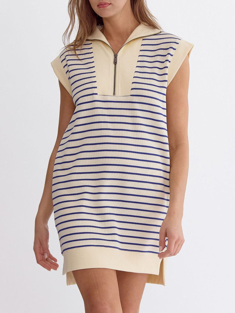 Ladies Summer Sleeveless Cotton Knitted Striped Color Matching Zipper Pocket Dress