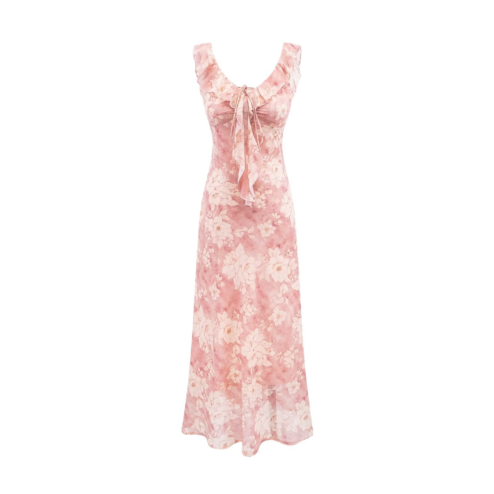 Vintage Ruffled Drawstring Patchwork Slip Dress Pink Rose Sheath Fishtail Midi Dress