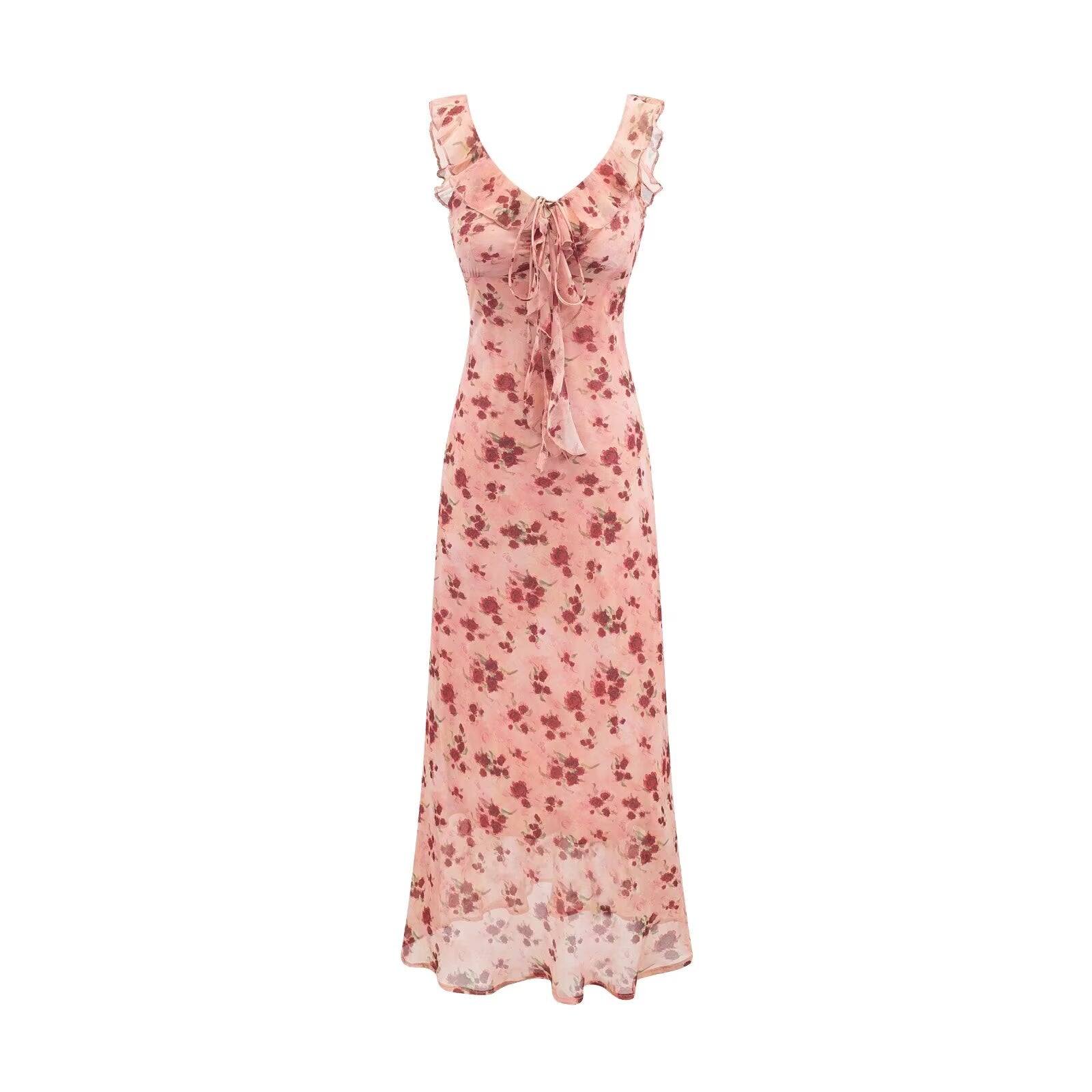 Vintage Ruffled Drawstring Patchwork Slip Dress Pink Rose Sheath Fishtail Midi Dress