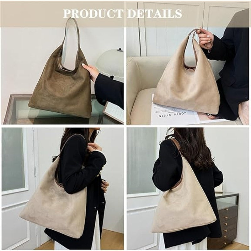 Womens Beige Suede Magnetic Closure Hand Bag w Small Brown Faux Leather Bag