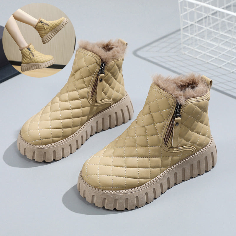 Women's Plaid Platform Ankle Boots | Side Zipper Plush Lined Snow Boots