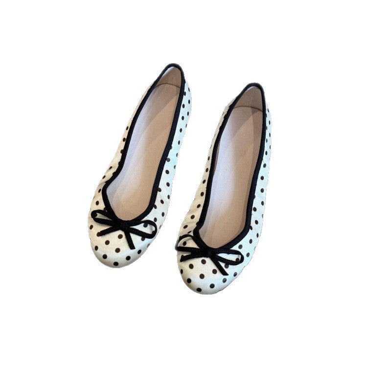 Women's Polka-Dot Bowtie Flat Shoes - Satin Round Toe Slip-On Flats