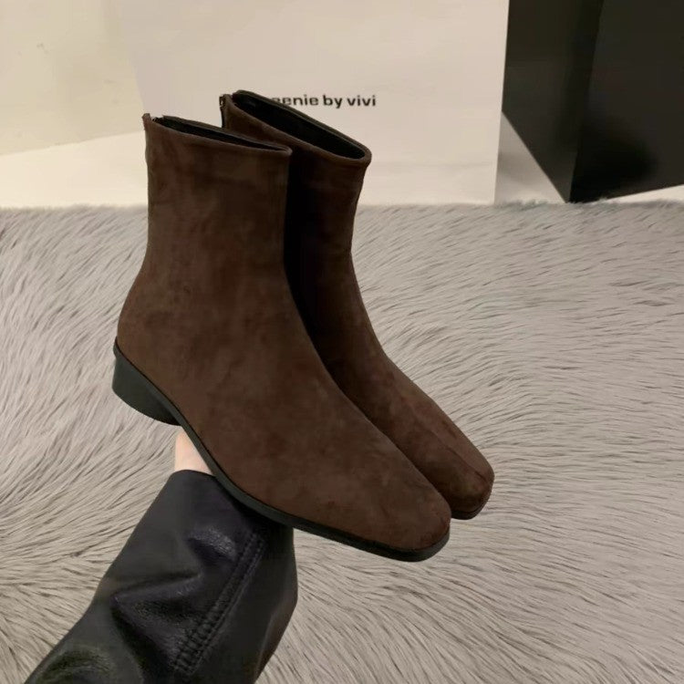Women's Chunky Heel Suede Fleece-Lined Square Toe Ankle Boots – Back Zipper Winter Boots