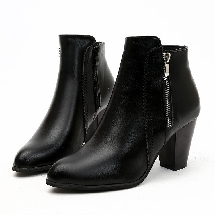 Women's Retro Chunky Heel Ankle Boots – Side Zip Pointed Toe Block Heel