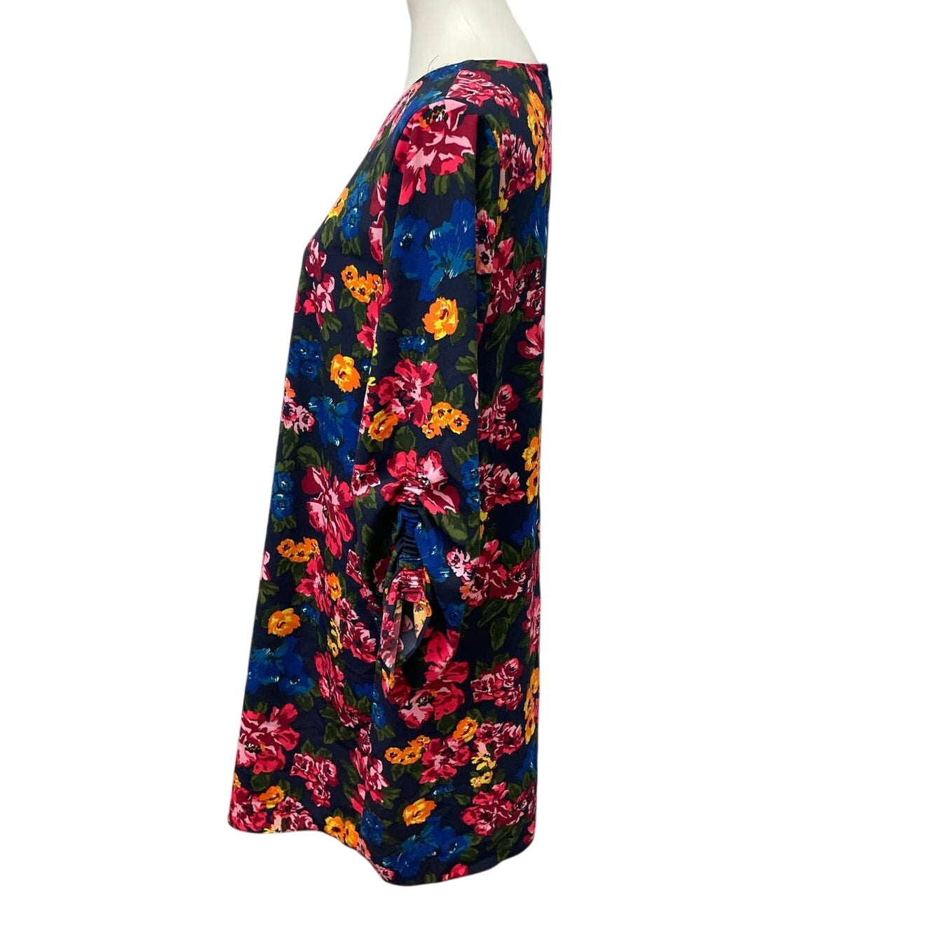 Halogen Womens Small Long Ruched Sleeve Polyester Floral Midi Shift Dress