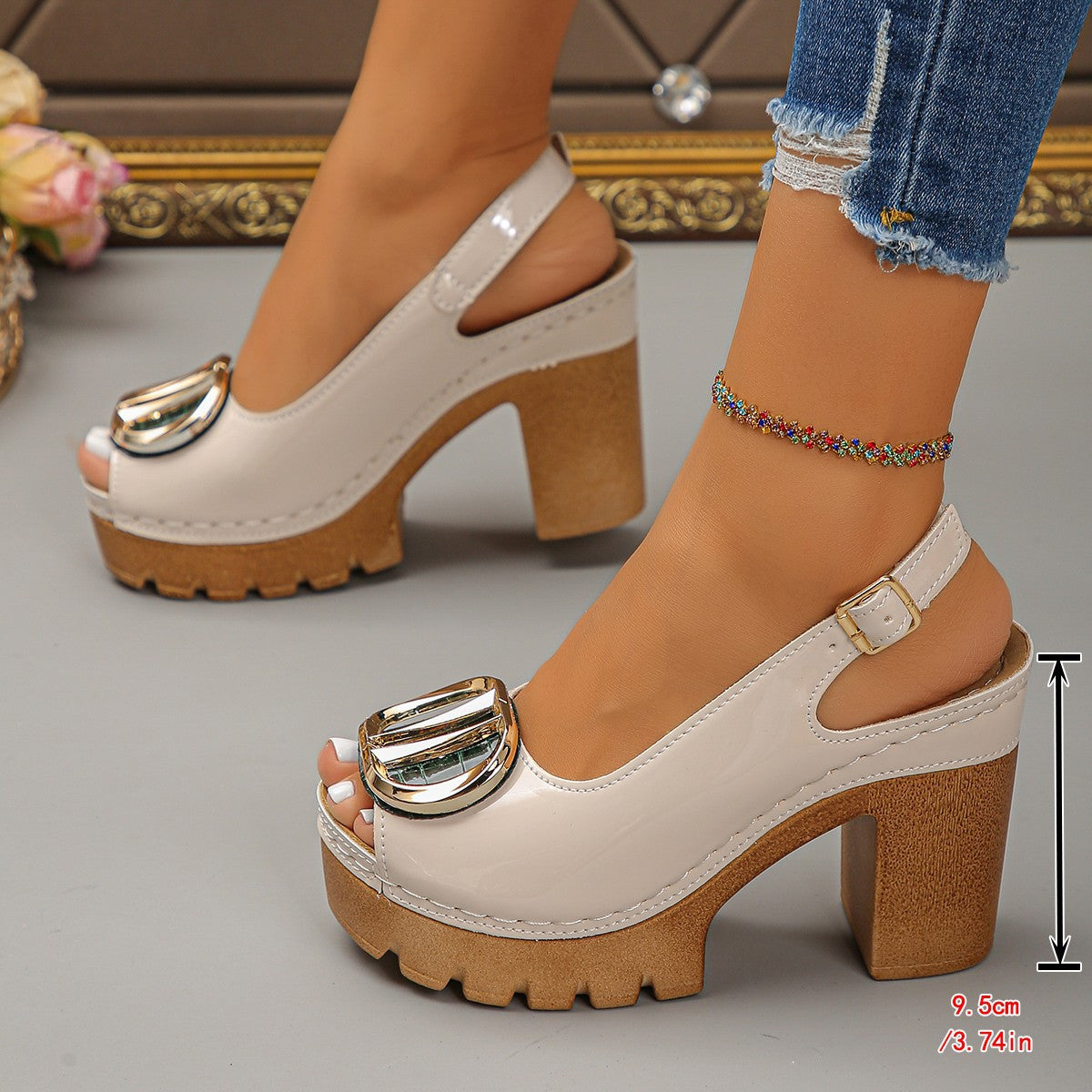 Women's Chunky Heel Peep-Toe Sandals | Buckle PU Summer Heels