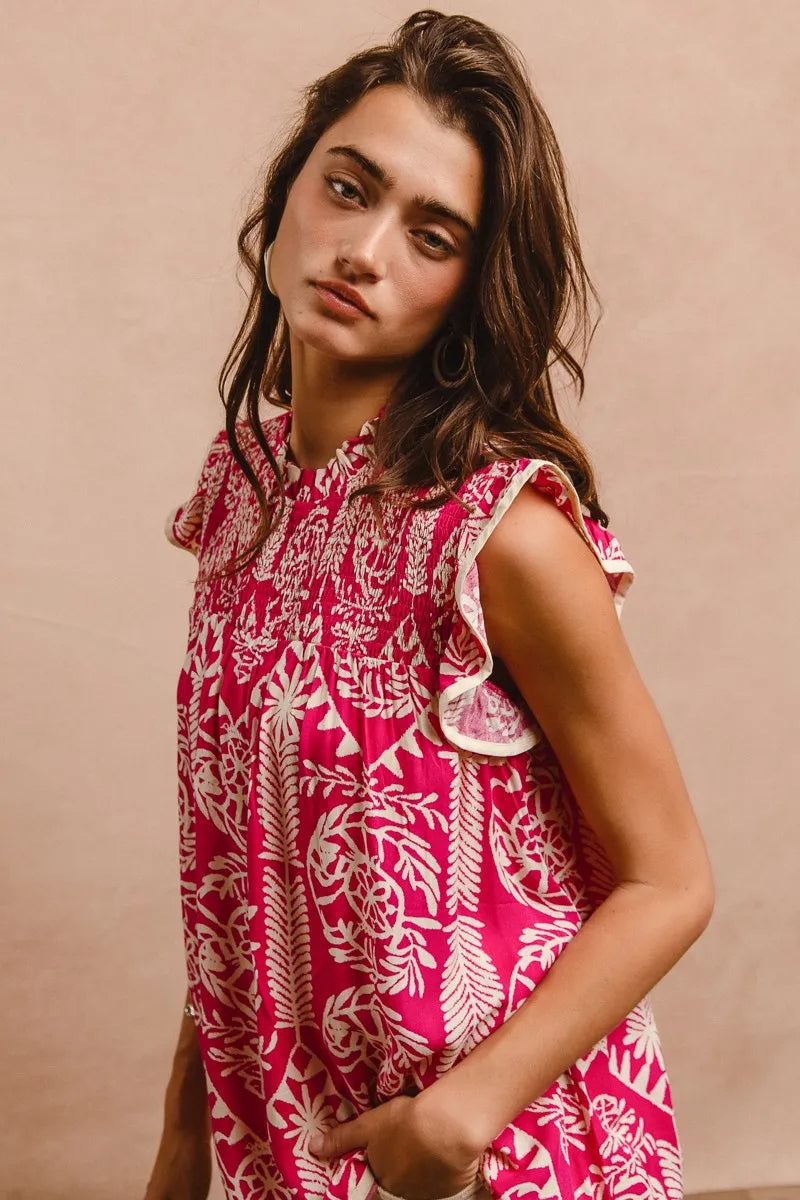 BiBi Printed Ruffle Sleeve Top