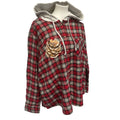 New Hand Printed Womens Large Rustic Pine Cone Long Sleeve Plaid Flannel Hoodie
