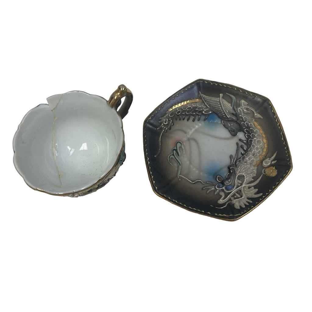 Vintage Soka China Chipped Collectable Dragon Mini Small Teacup w Saucer