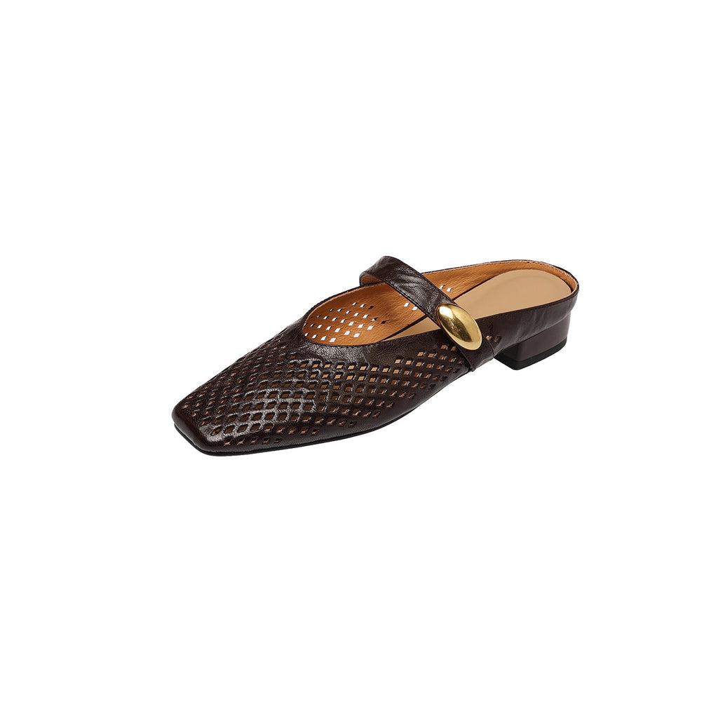 Women's Sheepskin Mary Jane Mules | Perforated Square Toe Low Block Heel Slides