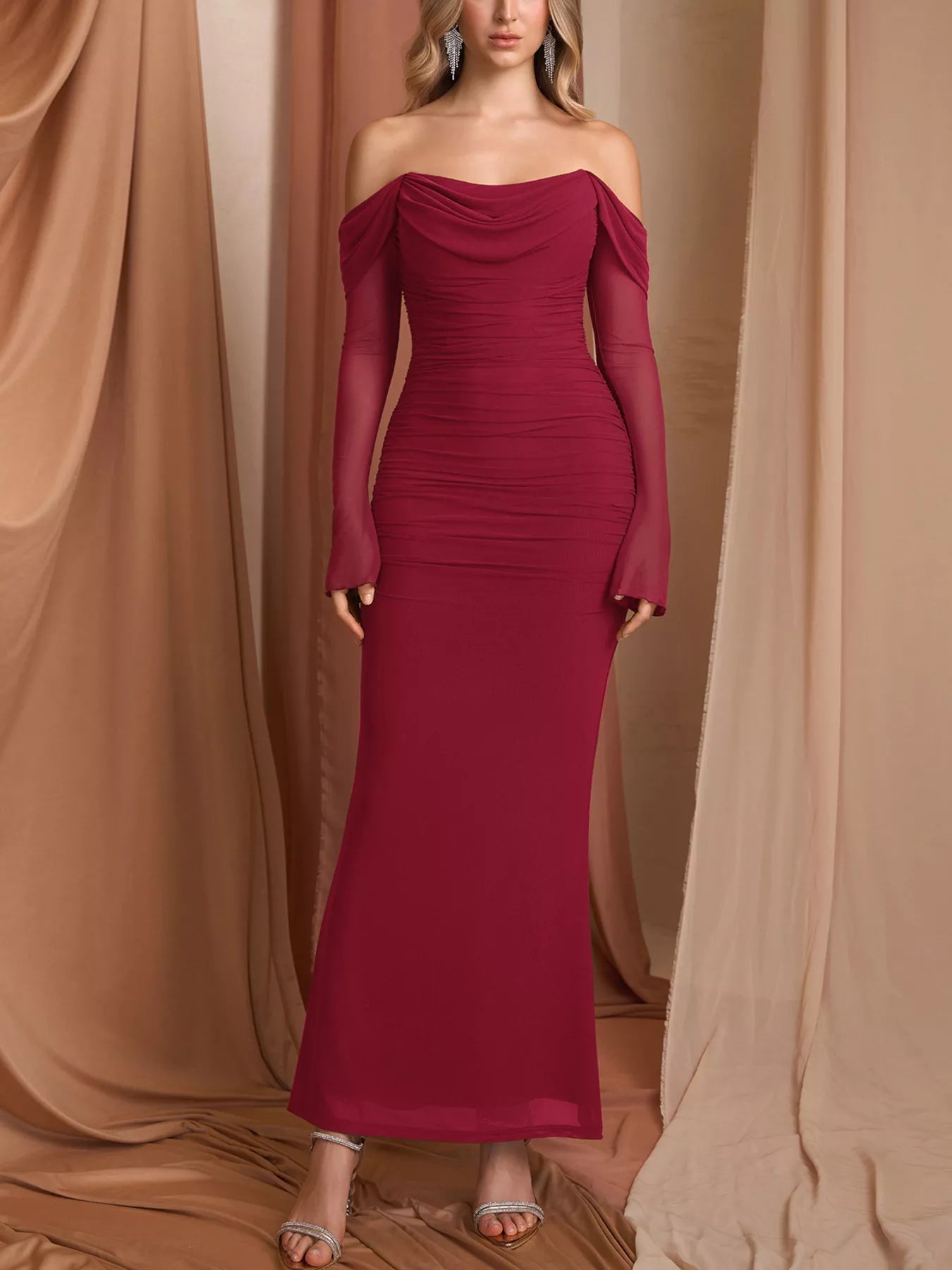 Off-Shoulder Ruched Mermaid Maxi Dress