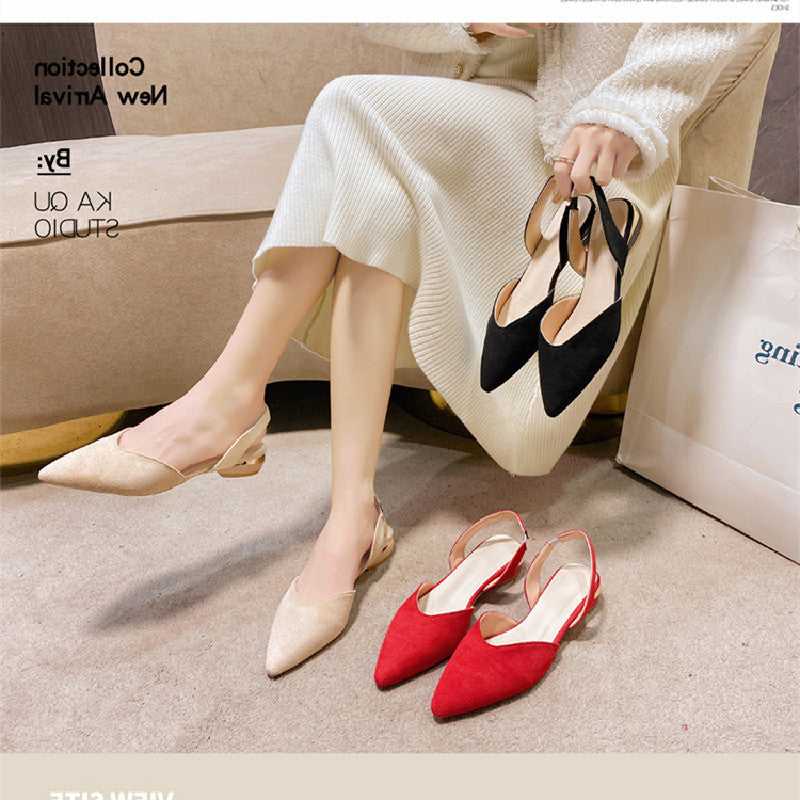 Women's Pointed-Toe Low-Heel Suede Sandals | Open-Back Slip-On | Black Red Beige