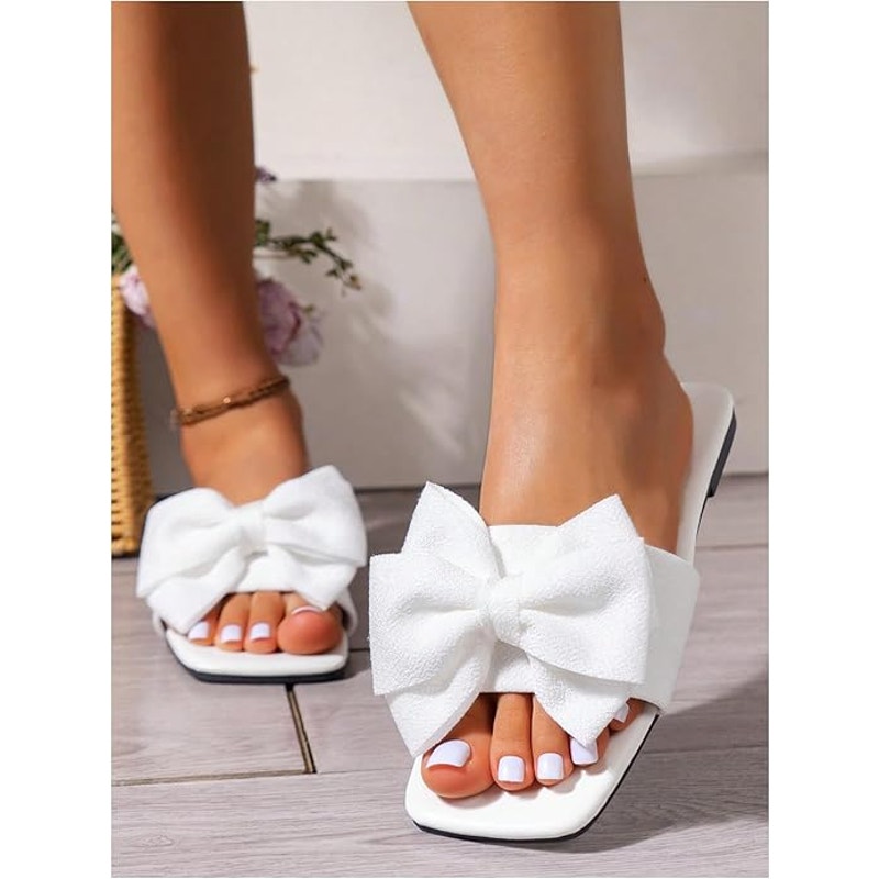 Verdusa Womens Size 9.5 White Fabric Bow Slide On Flat Open Toe Sandal Shoes