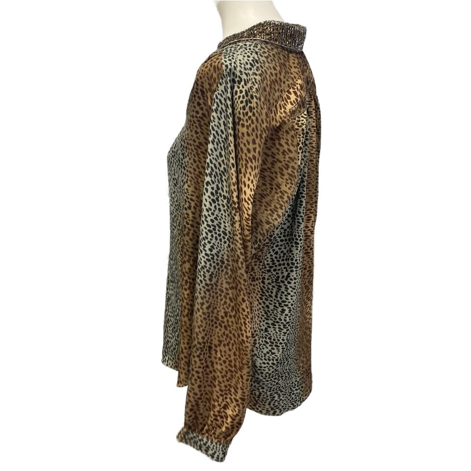 FYLO Womens Medium Cheetah Print Long Sleeve Beaded Collar Button Up Top