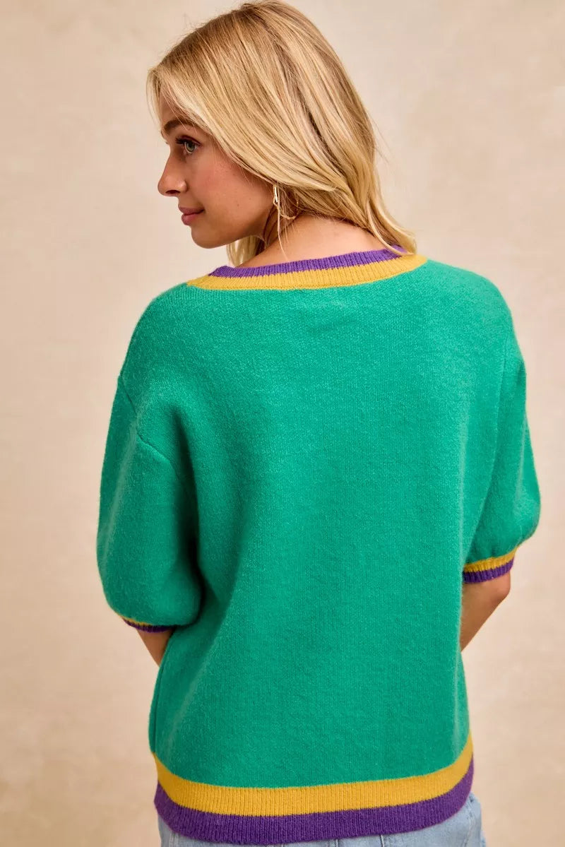 BiBi Mardi Gras Sequin Ribbon Patched Sweater