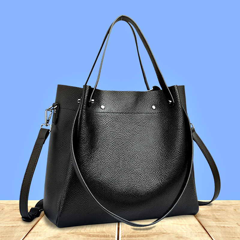 Women's Genuine Leather Bucket Tote Bag – Large Capacity | Black, Gray, Caramel