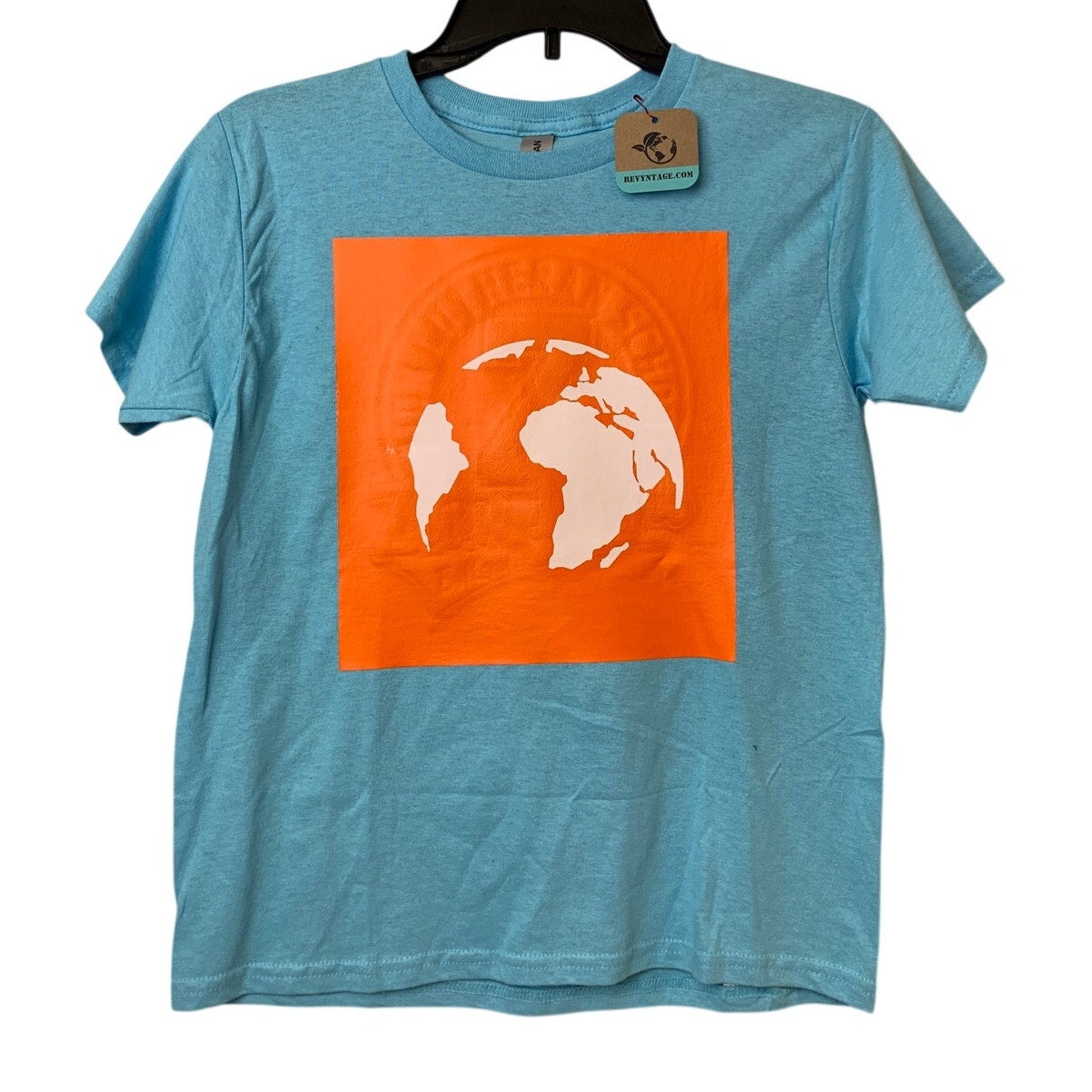 New Upcycled Hand Printed Youth Small Blue Cotton Save Earth Crew Neck Tee