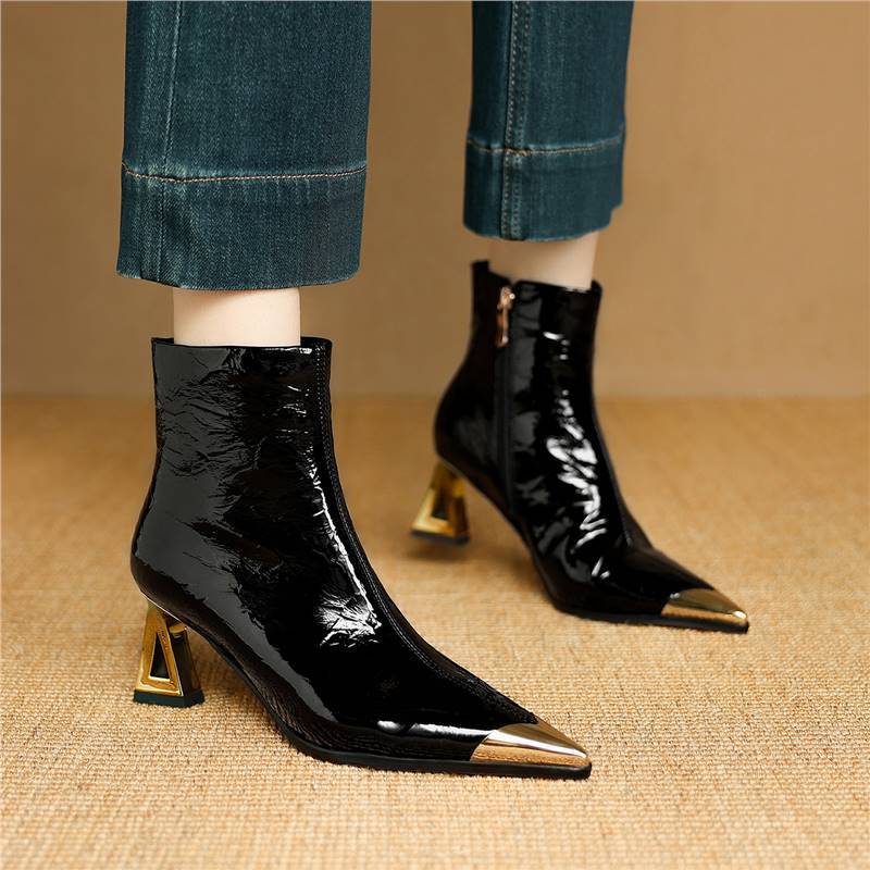 Wine-Red Patent Leather Pointed-Toe Ankle Boots for Women - Stiletto Heel Winter Boots