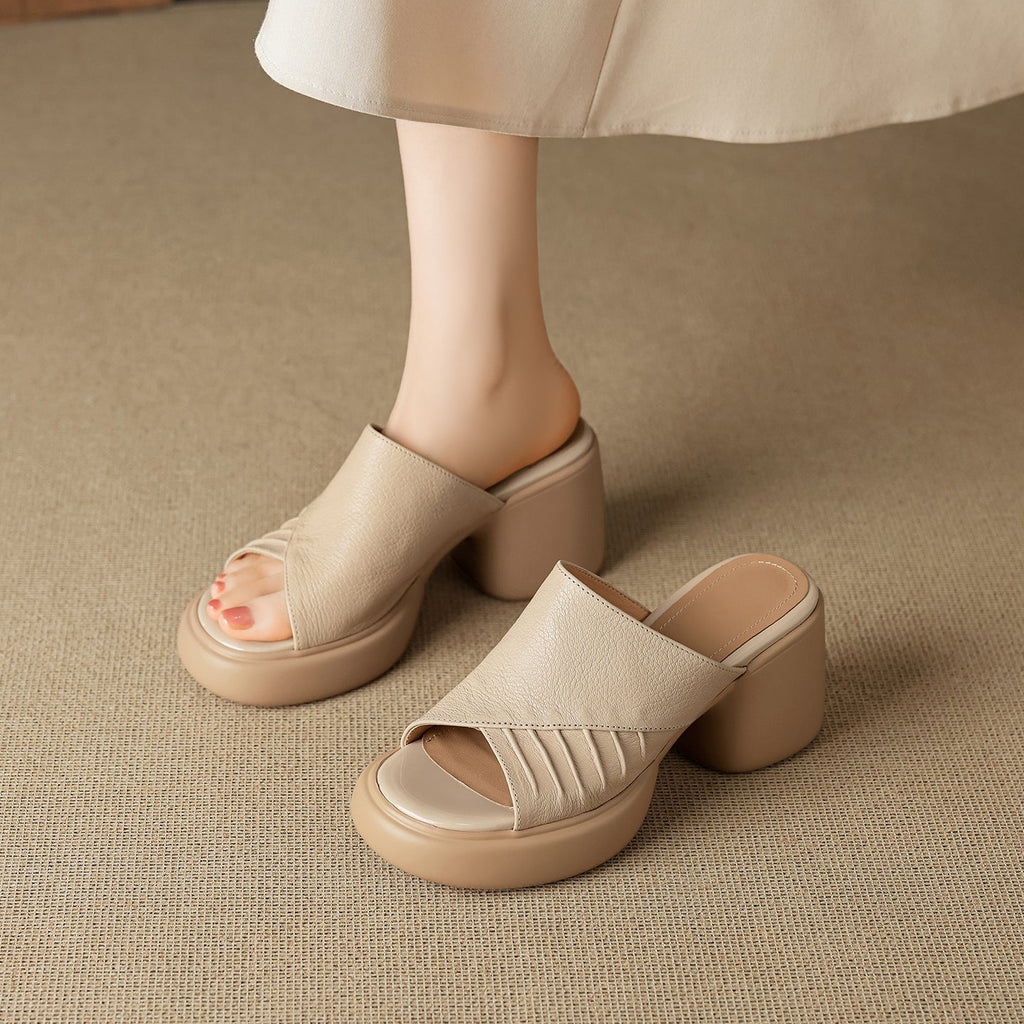 Women's Ruched Block Heel Slides | Open-Toe Lambskin Leather Mules