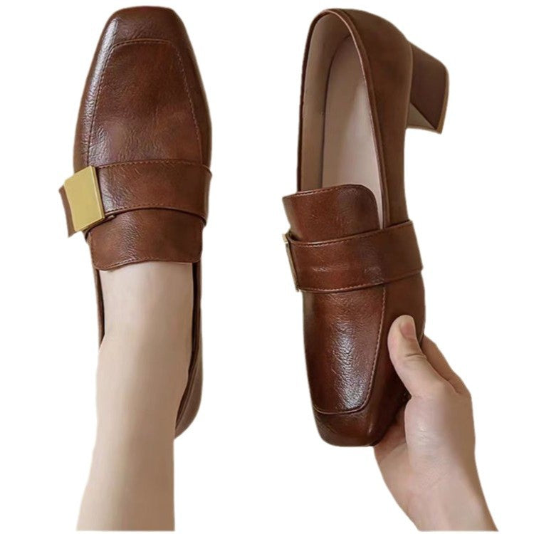 Women's Retro Square Toe Chunky Heel Pumps | PU Leather Block Heel Shoes