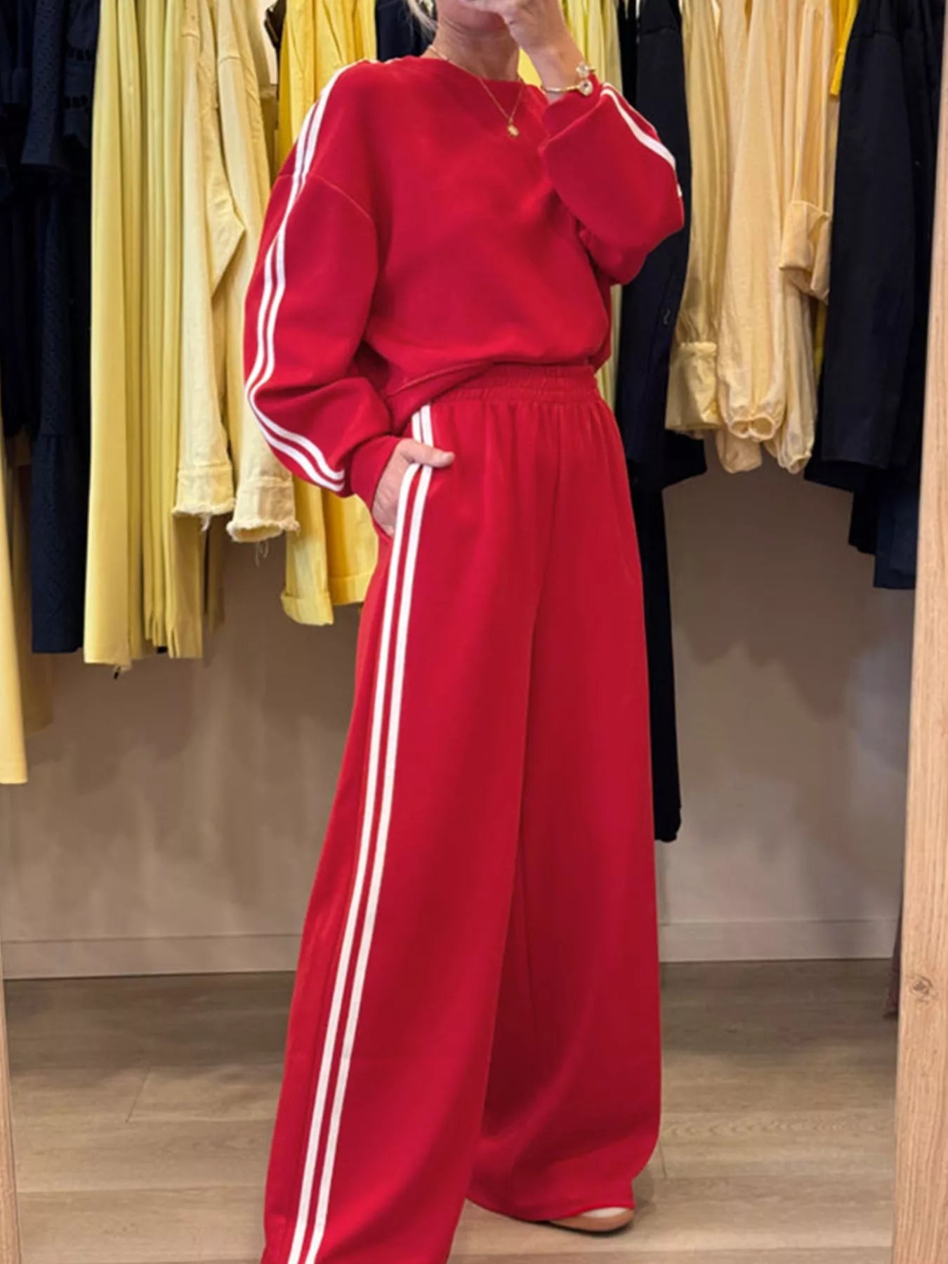 Striped Detail Crewneck Top and Elastic Sweatpants 2pcs Set