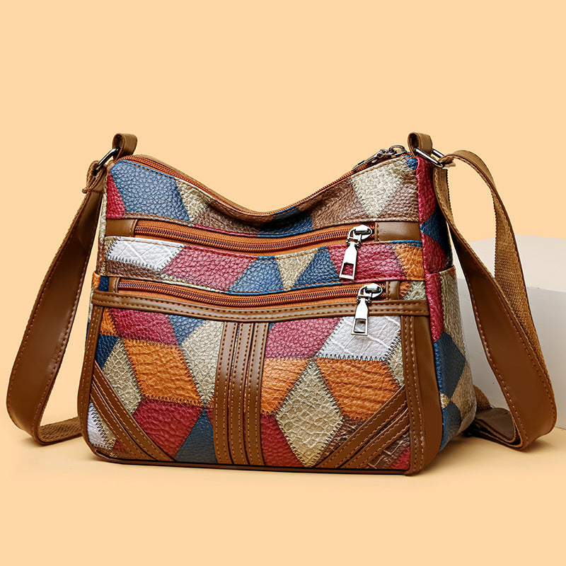 Women's Color-Block Patchwork Crossbody Bag | Multi-Layer PU Leather Shoulder Bag
