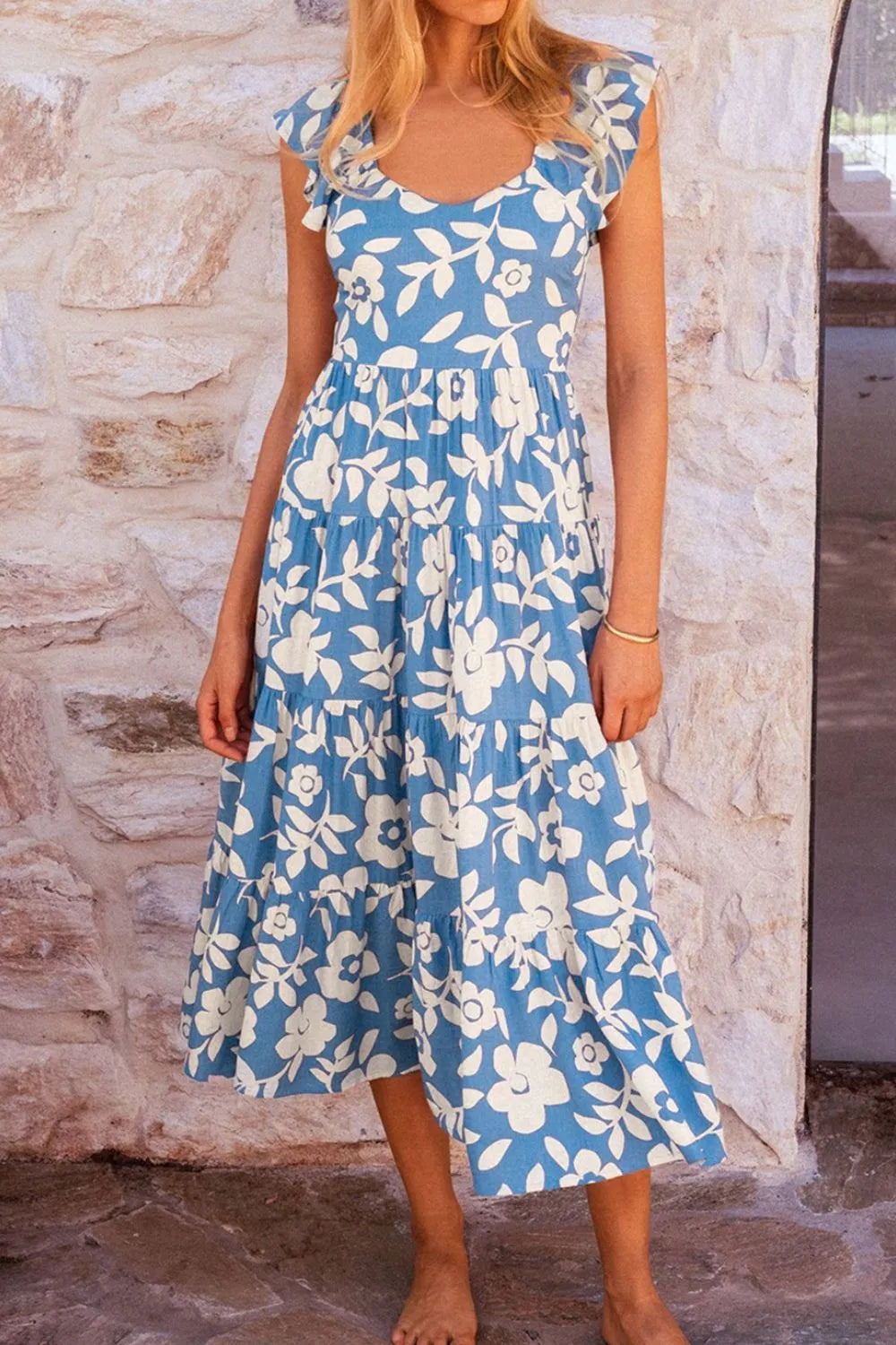 Floral Flutter Shoulder Tiered Flowy Midi Dress