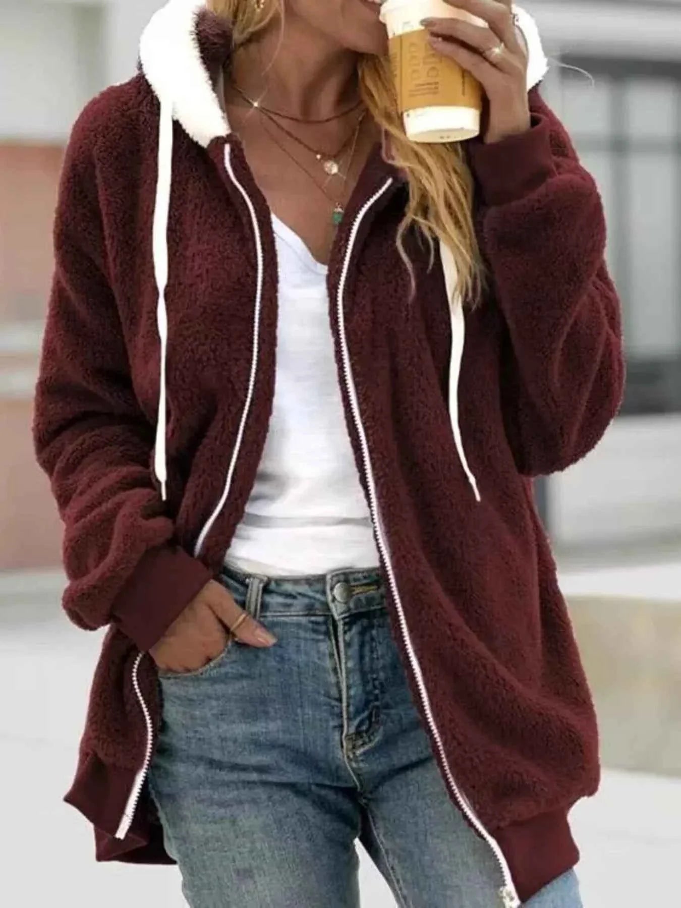 Full Size Cozy Fleece Zip-Up Hooded Jacket Plus Size