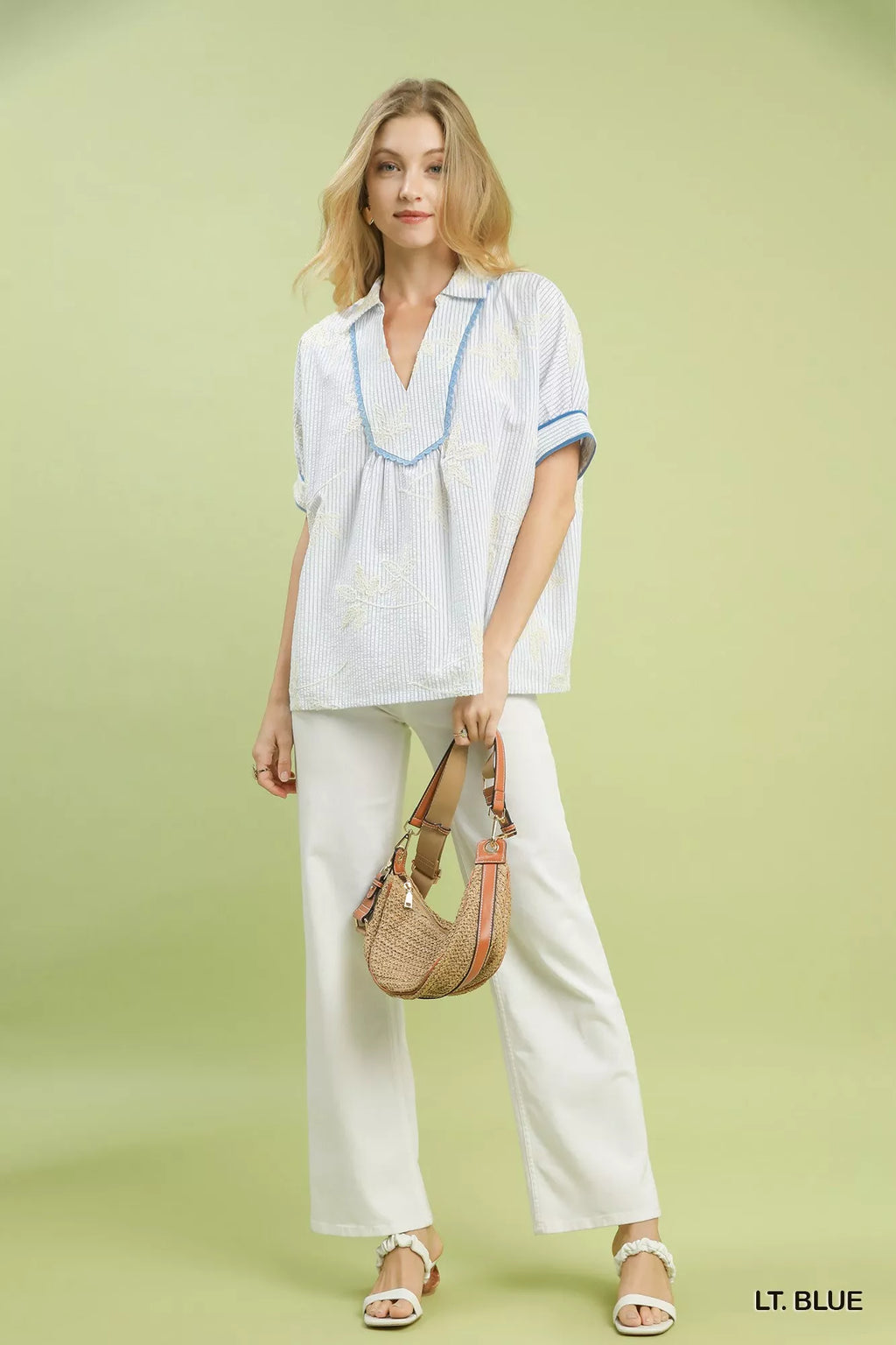 Umgee Striped Embroidered Blouse with Scallop Trim