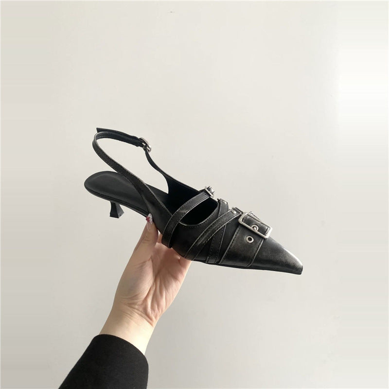 Women's Retro Pointed-Toe Ankle-Strap High Heel Sandals - Punk Style Mid Heel Shoes