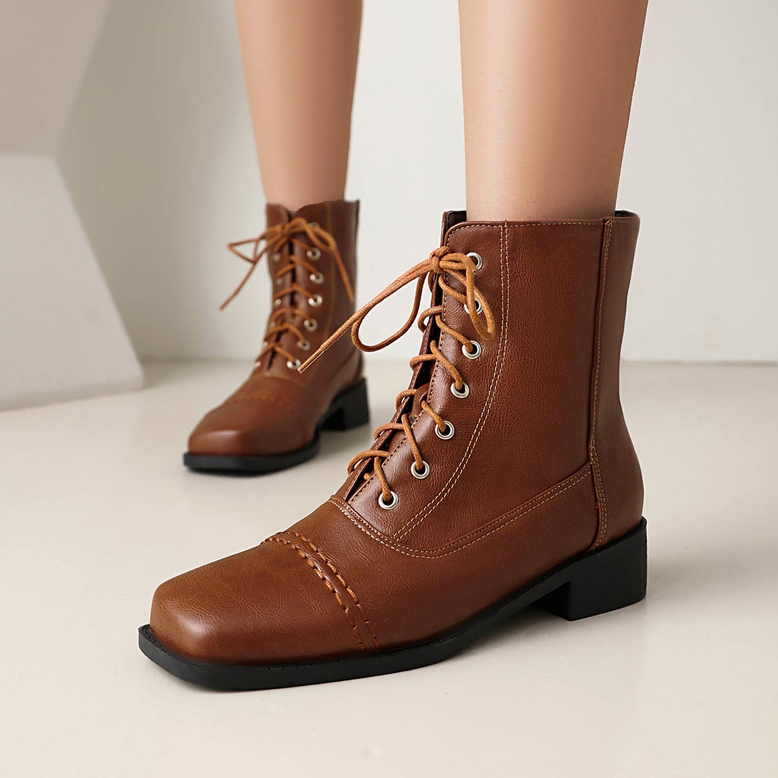 Women's Lace-Up Square-Toe Motorcycle Boots | Low Heel Outdoor Ankle Boots