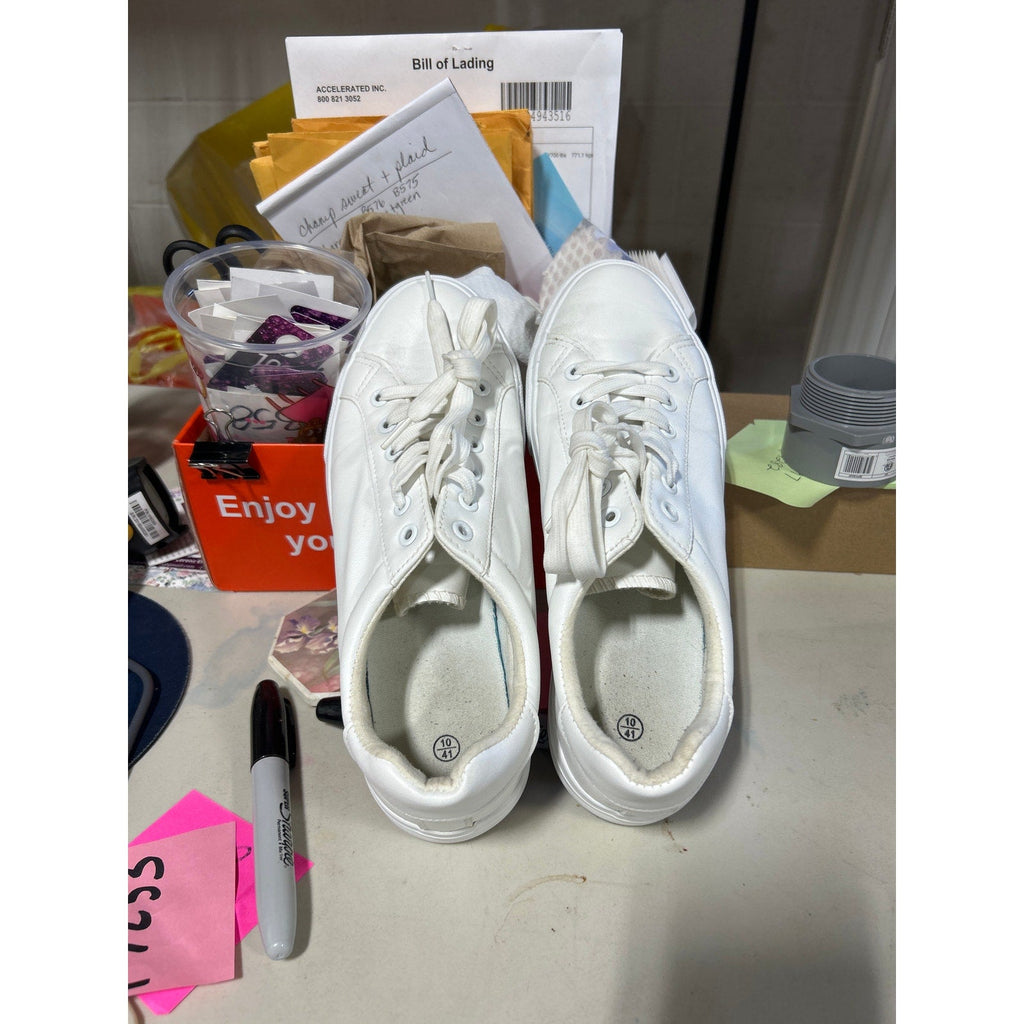 Sernial Womens Size 10 White Faux Leather Classic Lace Up Platform Walking Shoes