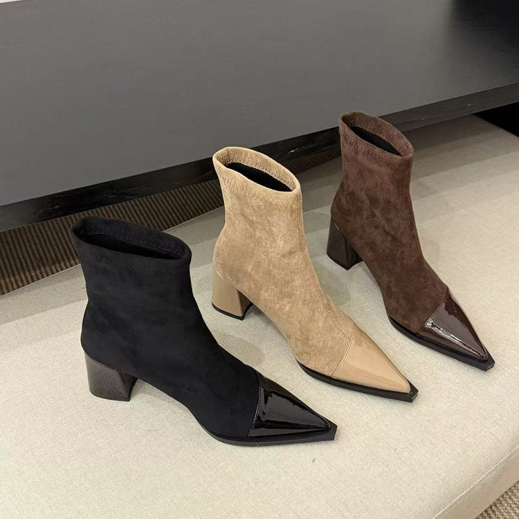 Women's Chunky Heel Pointed Toe Slip-On Boots | Microfiber Leather | Low Heel Ankle Boots