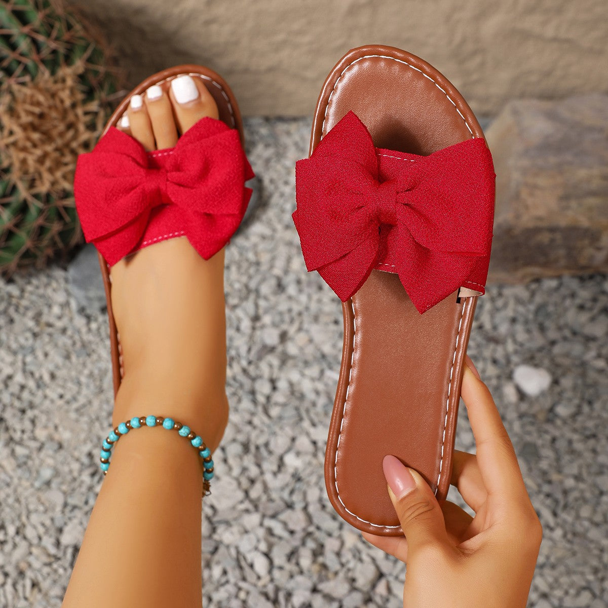 Women's Bow-Tie Fabric Slides - Casual Flat Sandals for Everyday Wear