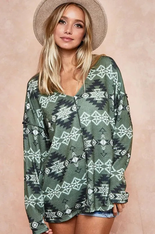BiBi Aztec Print Brushed Out Stitching Detailed Top