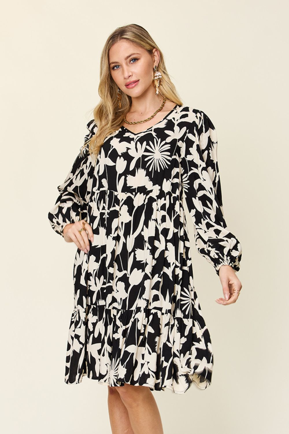 Printed Ruffle Hem Long Sleeve Rayon Dress