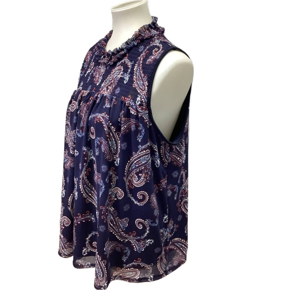 CEst 1946 Womens Large Ruched Paisley Florla Navy Blue Sleeveless Flowy Tank Top