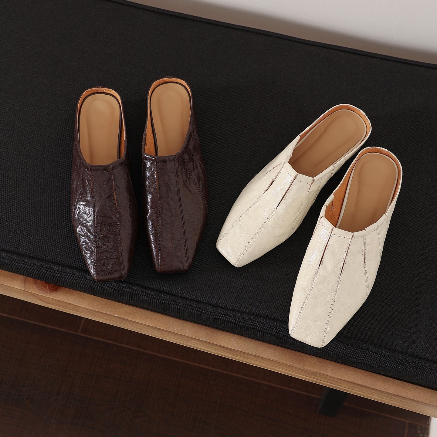 Women's Washed Cowhide Square-Toe Mules | Low Block Heel Backless Shoes
