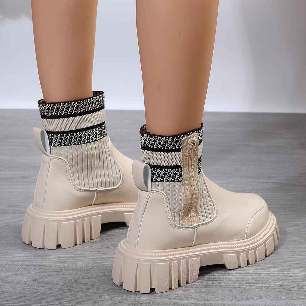Women's Knitted Mid-Calf Boots | Side Zipper | Non-Slip Rubber Sole | Beige Black Brown