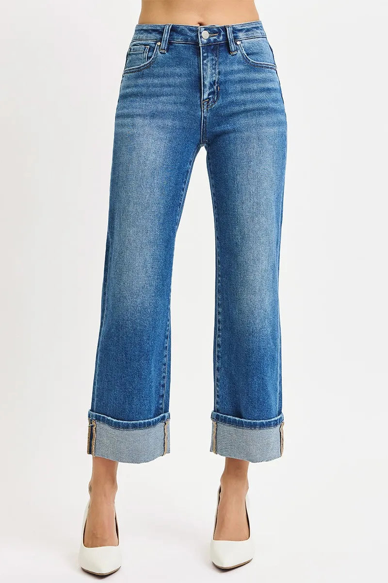 RISEN Full Size Mid Rise Crop Straight Cuffed Jeans Plus Size