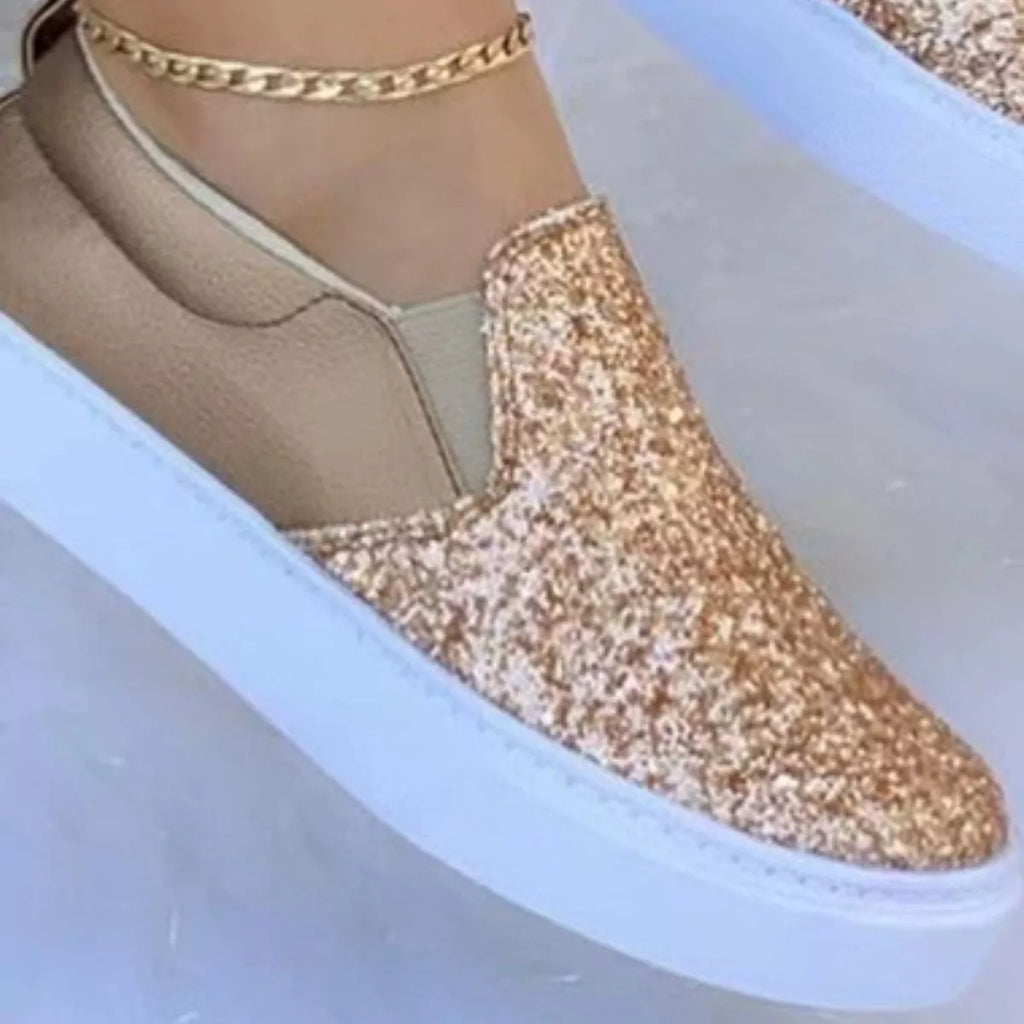Women's Sequin Platform Slip-On Flats | Sparkle Round Toe Shoes