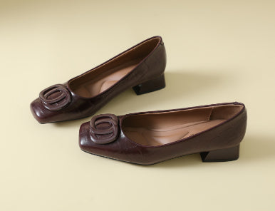 Womens Retro Square-Toe Sheepskin Leather Chunky Heel Pumps | Low Heel Slip-On Dress Shoes