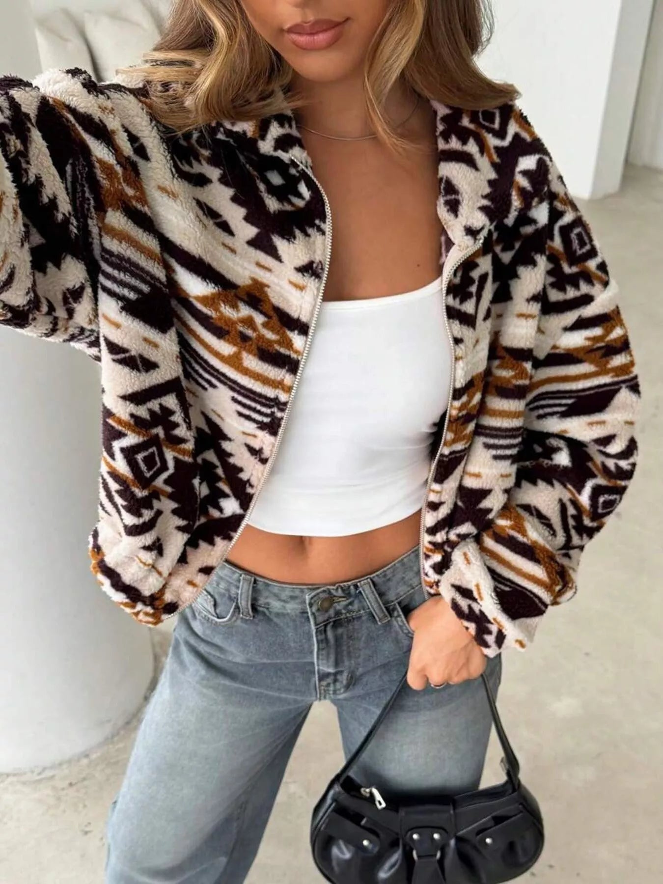 Geometric Fleece Zip-Up Jacket