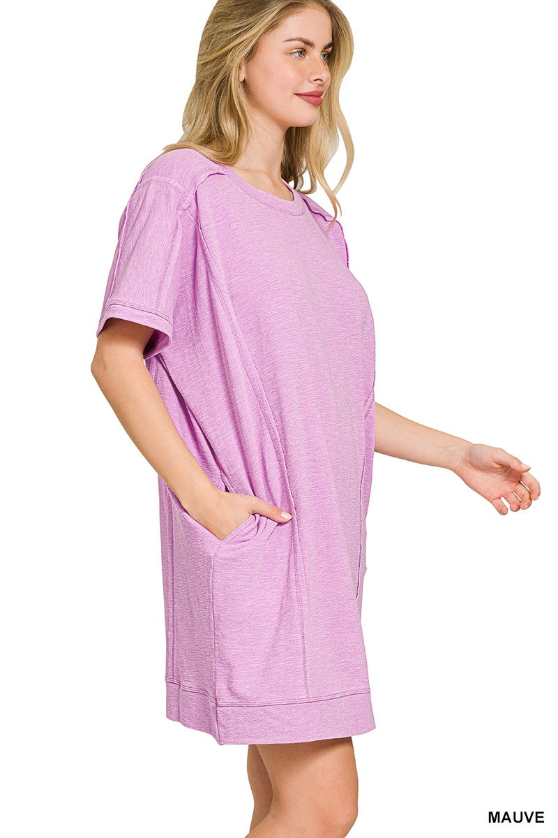 Zenana Washed Slub Short Sleeve Dress With Pockets
