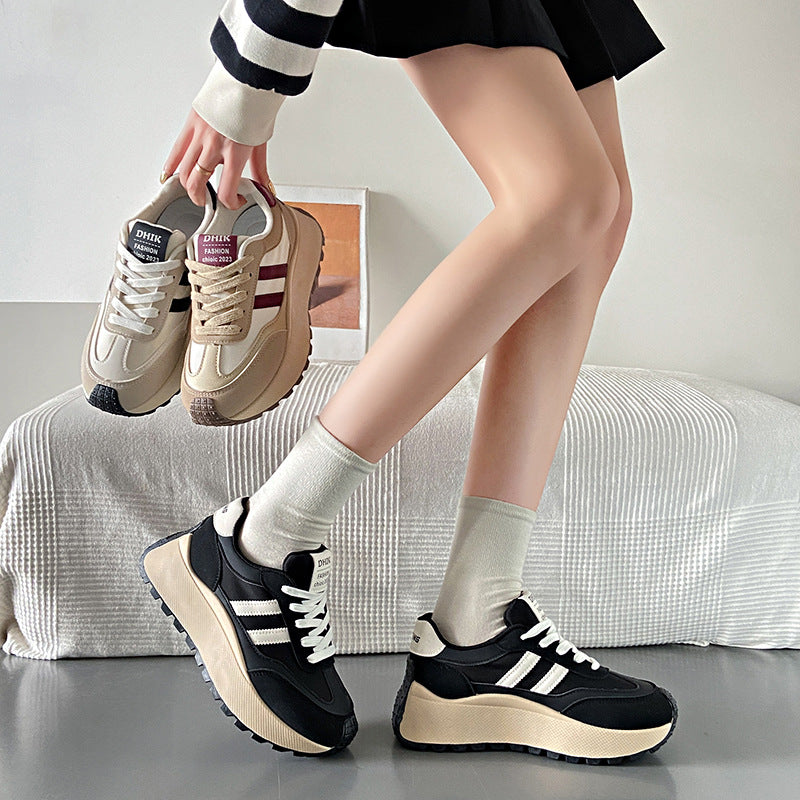 Women's Height-Boosting Lace-Up Sneakers – Synthetic PU Upper, Mesh Lining, Round Toe