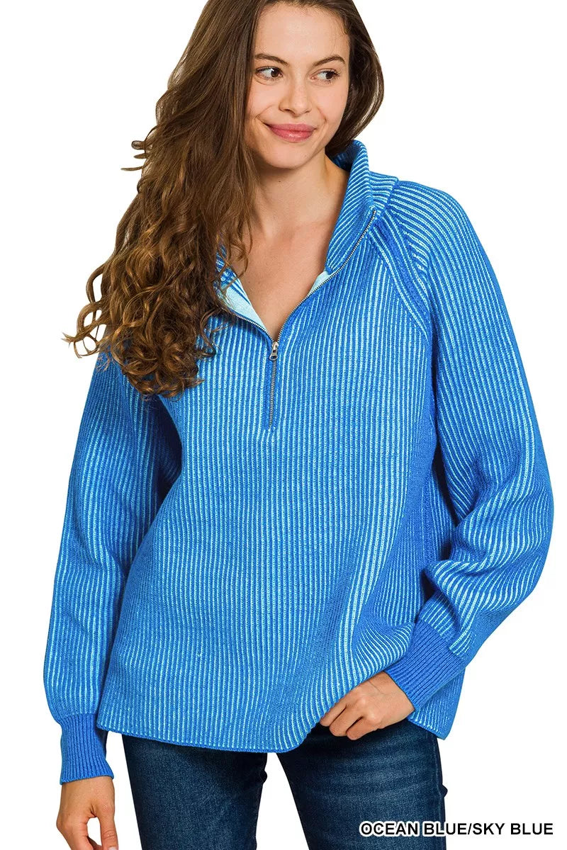 Zenana Ribbed Two Tone Half Zip Sweater