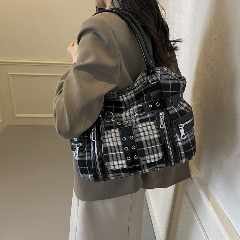 Women's Plaid Crossbody Bag with Rivet Details - Casual Shoulder Handbag