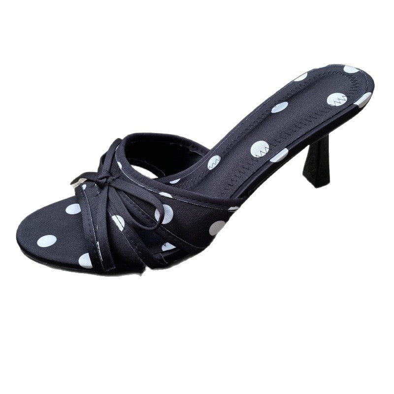 Women's Polka-Dot Bow-Knot Slippers - Elegant Satin High Heel Slip-On Shoes